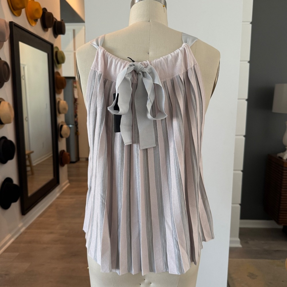 NWT Emporio Armani Knit Tank Top Silver Gray & Pink Striped Pleated Halter Blous - Picture 4 of 8